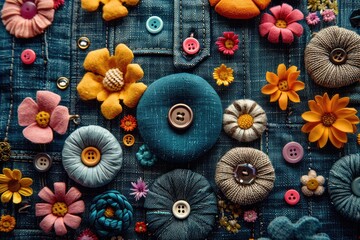 Poster - A detailed portrayal of buttons intertwined with vibrant flowers on a denim jacket