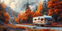A Solitary Bus Navigates Through The Winding Road In The Forest, Surrounded By Vibrant Autumn Trees And A Majestic Mountain Backdrop, Resembling A Breathtaking Painting Of Nature's Beauty