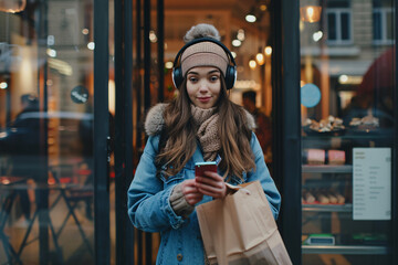 Wall Mural - Pretty modern female with headphones and smartphone