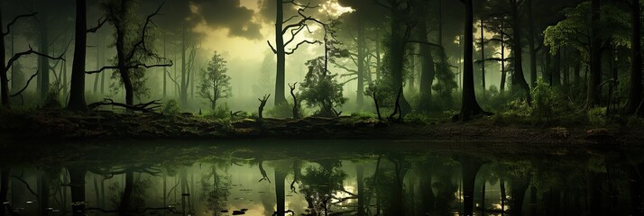 Poster - A breathtaking scene of a dense forest with towering trees surrounding a tranquil lake, creating a peaceful and harmonious natural setting