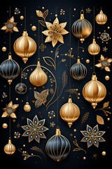 Poster - A beautiful Christmas card adorned with sparkling gold and blue ornaments, adding a touch of elegance and festive cheer to the holiday season