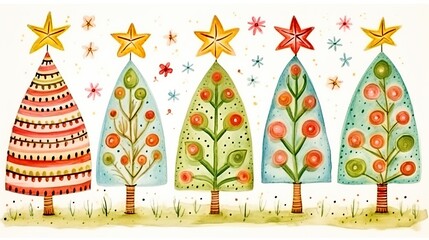 Wall Mural - A vibrant painting depicting a forest of Christmas trees adorned with shimmering stars, creating a magical and enchanting scene