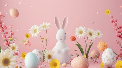 Wall Mural - 3D Easter bunny illustration banner or greeting card, pastel color