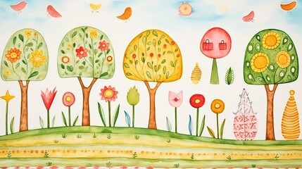 Wall Mural - Lush trees and vibrant flowers sway in a colorful field, creating a harmonious scene of natures beauty