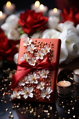 Poster - A vibrant red card adorned with delicate white flowers and a charming red bow, adding a touch of elegance and sophistication