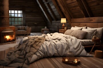 Wall Mural - Rustic bedroom with reclaimed wood furniture and cozy textiles.
