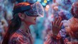 An artist exploring mixed reality art, wearing a mixed reality headset and using hand gestures to interact with digital sculptures and objects in an immersive art gallery