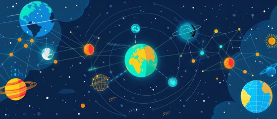 Concept diagram network, climate care symbols linked show progress: wind, solar, lightning bolt electricity to happy globe visuals