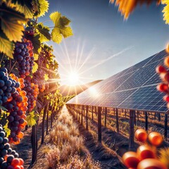 Wall Mural - Vineyard Sunset: Solar Panels Bathed in the Golden Hour Glow