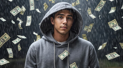 Portrait of a young man with a rain of money