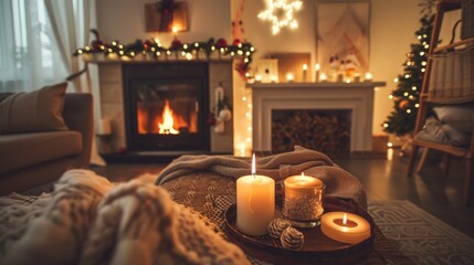 Wall Mural - Warm, cozy living room interior during winter with a fireplace, soft furnishings, and festive decorations.