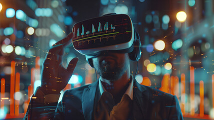 Poster - businessman using VR glasses to visualize business data statics, virtual business growth analysis digital data