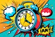 Background with comic alarm clock ringing and expression speech bubble with wake up text. Vector bright dynamic cartoon illustration in retro pop art style on halftone background. AI generated