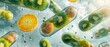 Ornate medicine capsules with imprints of avocado pits, sliced oranges, kiwi inside floating on a misty background. healthy food concept. vitamin capsule