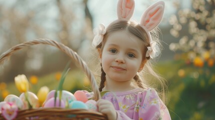 Wall Mural - Girl wear bunny ears holding basket of easter egg