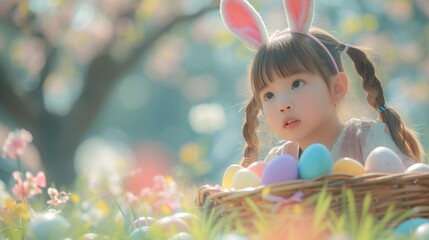 Wall Mural - Little cute girl wear bunny ears holding basket of easter egg
