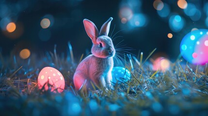 Easter Bunny with decorated Easter eggs on the grass. Technology concept in dark blue light.