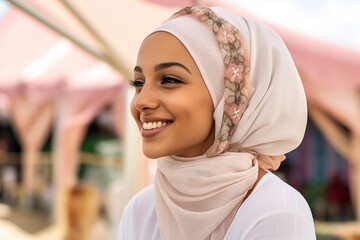 Poster - Generative ai collage image of woman friends muslim in hijab looking on modern shopping market