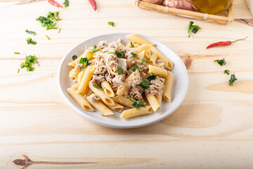 Wall Mural - Pasta with tuna and onions, Italian food. Good for lunch or dinner, quick and healthy., Italian food. Good for lunch or dinner, quick and healthy.