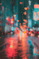 Poster - Blurry background with lights as seen through wet glass. A slide background for showcasing digital content. Background image. Created with Generative AI technology.