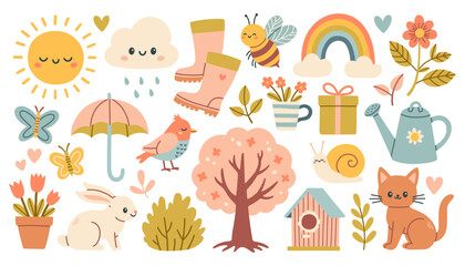 Wall Mural - Spring set of cute birds, flowers and decorations. Poster, card, scrapbooking, sticker kit. Hand drawn vector.