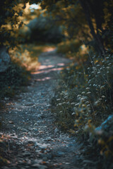 Poster - A path in the forest. A slide background for showcasing creative content. Background image. Created with Generative AI technology.