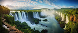 Fototapeta Sport - Wide landscape Beautiful view of Iguazu Falls waterfall in Argentina and Brazil with green high cliffs created with Generative AI Technology