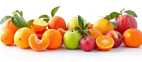 Wall Mural - A pile of fruit, including apples, oranges, and assorted fruits, sits next to each other on a white background.