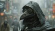 Plague Doctor with a poison tipped rapier amidst a dystopian city blending medieval and sci fi elements