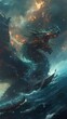 Vikings navigating through the void of space in a dragon headed spaceship merging past and future