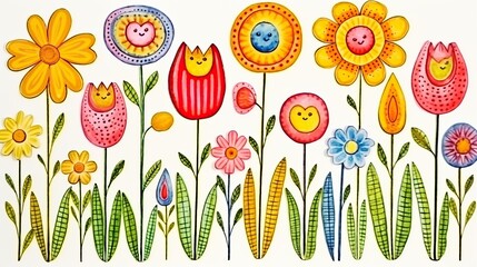 Poster - A vibrant painting depicting various types of flowers with human-like faces, each displaying unique expressions and personalities