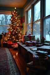 Wall Mural - A cozy living room adorned with a magnificent Christmas tree standing elegantly in the corner, exuding a warm and festive atmosphere