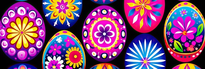 Poster - A vibrant group of painted eggs in various colors and designs, lined up next to each other