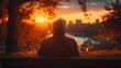 An elderly person sitting alone on a park bench, looking reflective and nostalgic as they watch the sunset