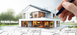 Fototapeta  - Projet de construction d'une maison moderne d'architecte sous forme d'esquisse avec plan