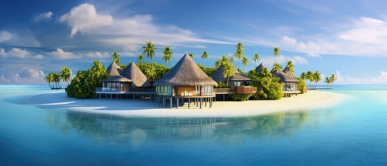 Wall Mural - beautiful view of tropical island of Maldives with traditional wooden resort buildings, blue sky, expanse of sea, shallow clear water and coconut trees 