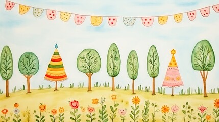 Poster - A tranquil painting showcasing a lush field with tall trees and colorful bunting fluttering in the gentle breeze