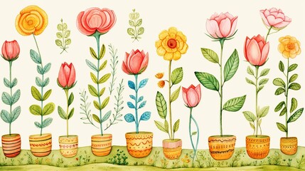 Poster - A vibrant painting showcasing a colorful row of potted flowers in full bloom, bringing life and joy to any space