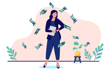 Poster - Professional woman making money - Businesswoman office person standing with device in hand while dollar bills raining down. Income, salary and financial successful concept in flat design vector