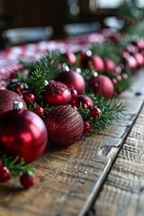 Poster - A wooden table adorned with vibrant red ornaments and fresh greenery, creating a festive and inviting holiday display