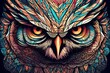 an owl face with intricate and colorful scared geometry design detailed eyes
