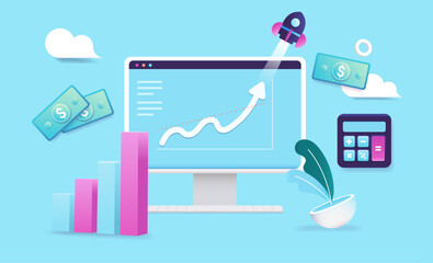 Fototapete - Growth chart on computer screen - Rising arrow and rocket ship flying to the sky. Return on investment, and making money concept in cartoon 3d vector style on blue background