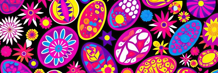 Sticker - A collection of colorful eggs in various hues, arranged beautifully against a black background, creating a visually striking and playful composition