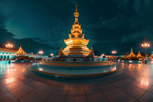A Golden Pagoda Is Lit Up At Night In A Square In The