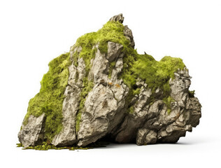 Wall Mural - cluster of rugged rock cliffs with green moss made of dark gray color limestone on an isolated white background