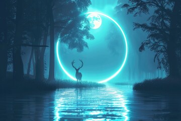 Wall Mural - Abstract futuristic night forest scene with neon lights and deer.