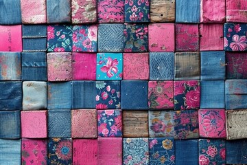 Aufkleber - An artistic wall created by repurposing old jeans and featuring a colorful display of blooming flowers