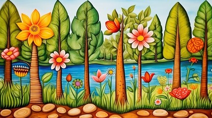 Aufkleber - A vibrant painting depicting a lush forest filled with blooming flowers and towering trees, creating a magical and serene atmosphere