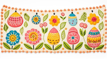 Poster - A decorative pillow adorned with colorful flowers and delicate eggs, creating a whimsical and charming springtime atmosphere