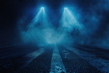 Wall Mural - Rays  spotlights light. Empty dark scene with blue light. Asphalt blue dark street with smoke.